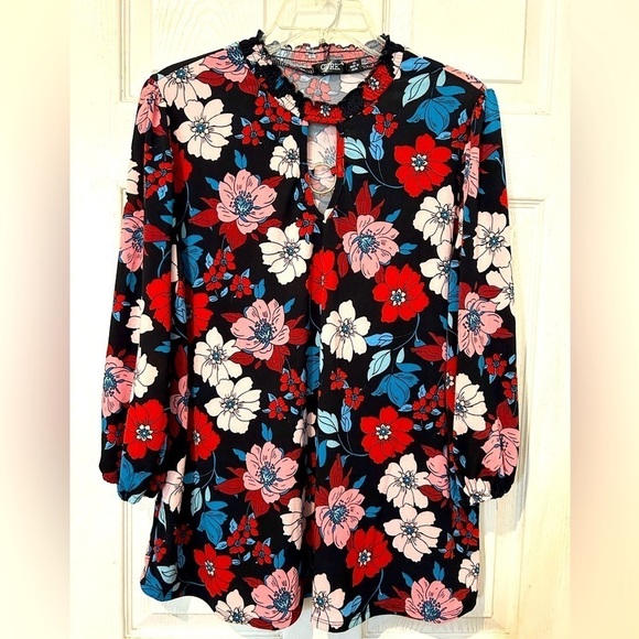 NWOT CURE Black with Floral Design Gathered Ruffled Neckline - Picture 1 of 5